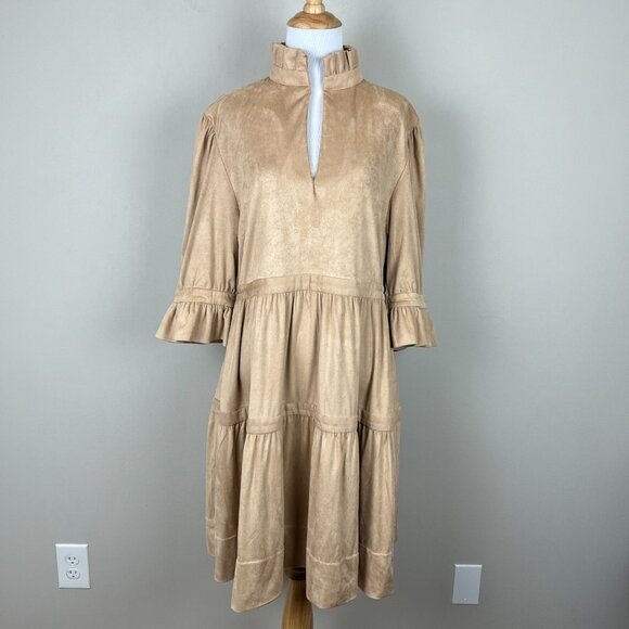 Gretchen Scott Dress Womens Large Beige Teardrop Ultra Suede Tiered Ruffle 3/4 - Picture 1 of 12
